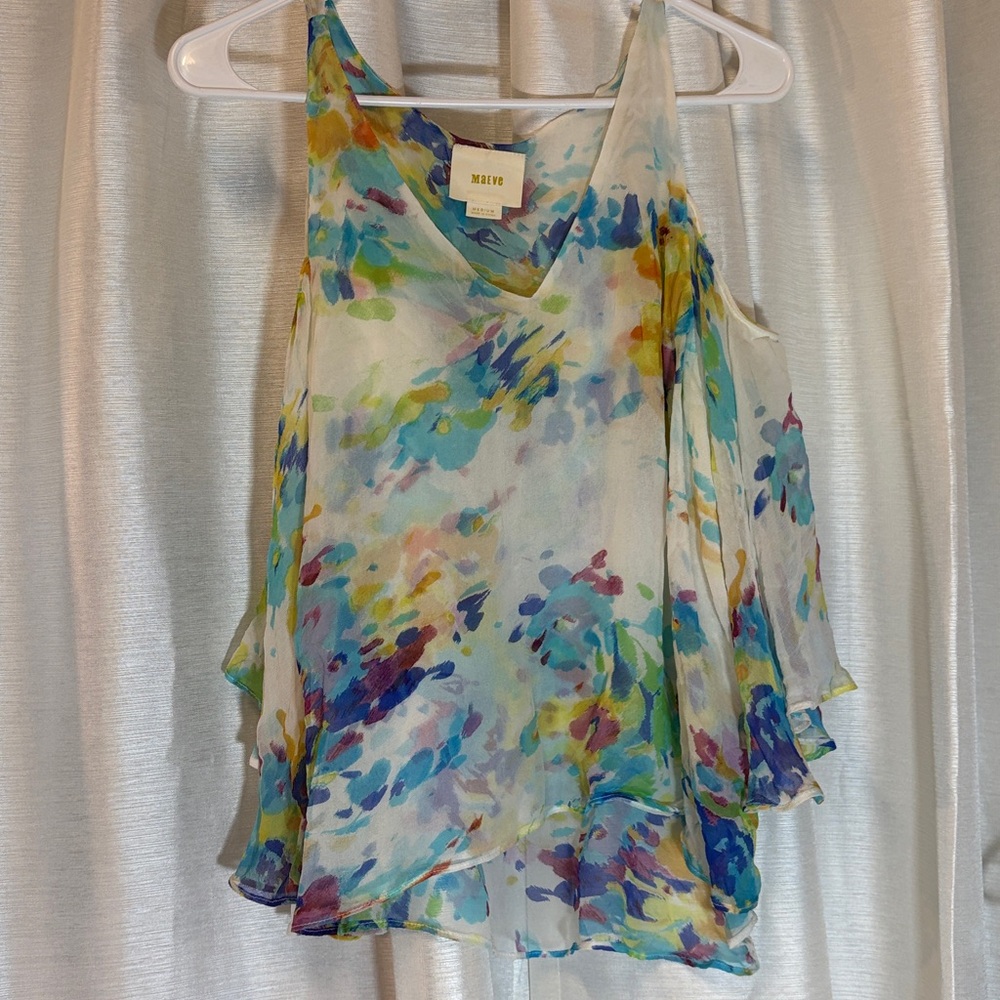 Anthropologie Watercolor Floral Sleeveless Tank Top - Blue, Green, Yellow